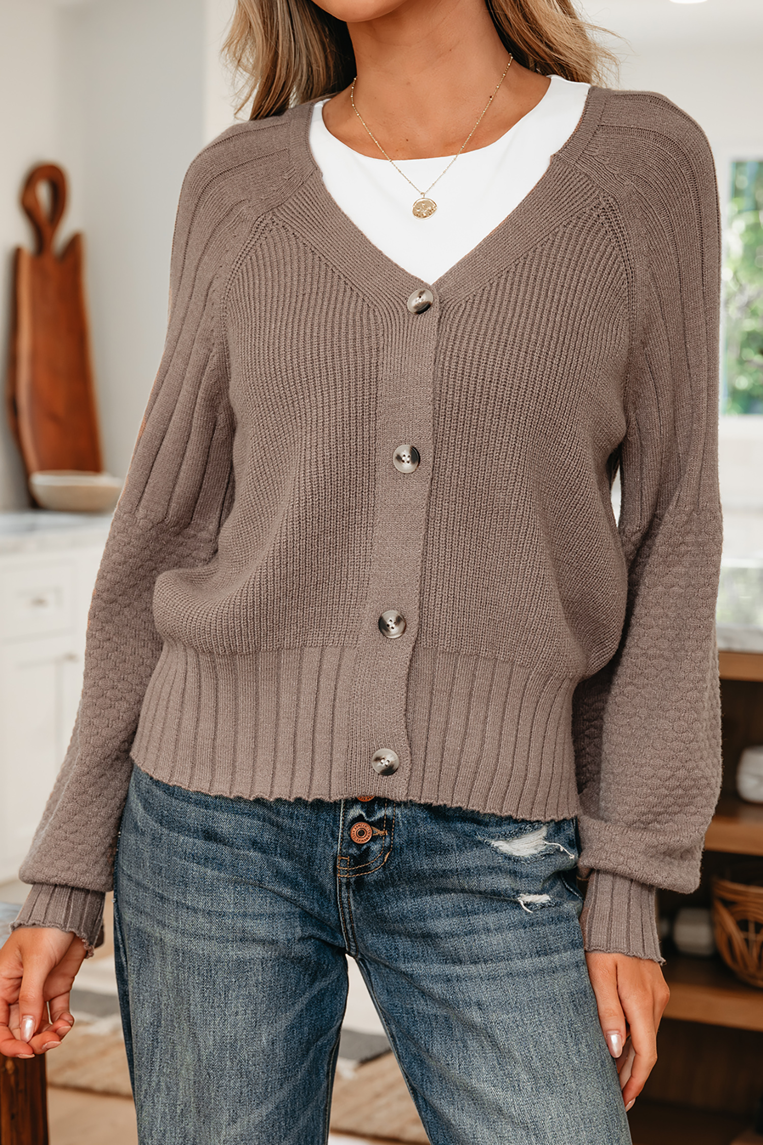 Goat Mixed Texture Knit Button V Neck Sweater Cardigan - Image 10