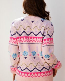 Multicolour Ethnic Christmas Pattern Knit Feather Cuffed Sweater