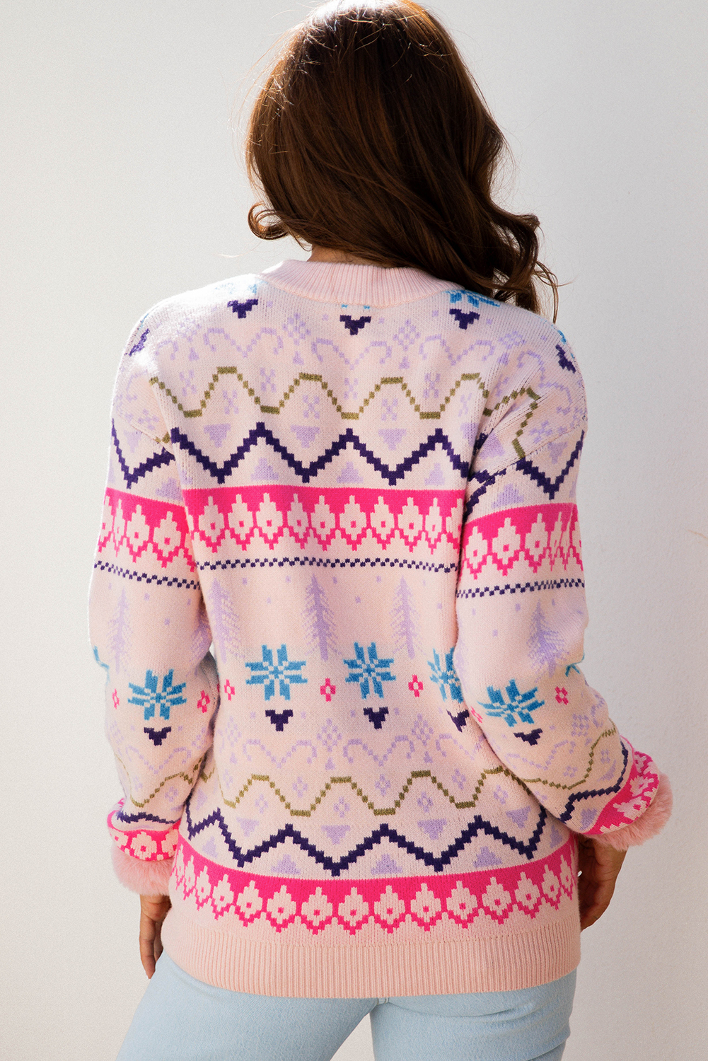 Multicolour Ethnic Christmas Pattern Knit Feather Cuffed Sweater - Image 2