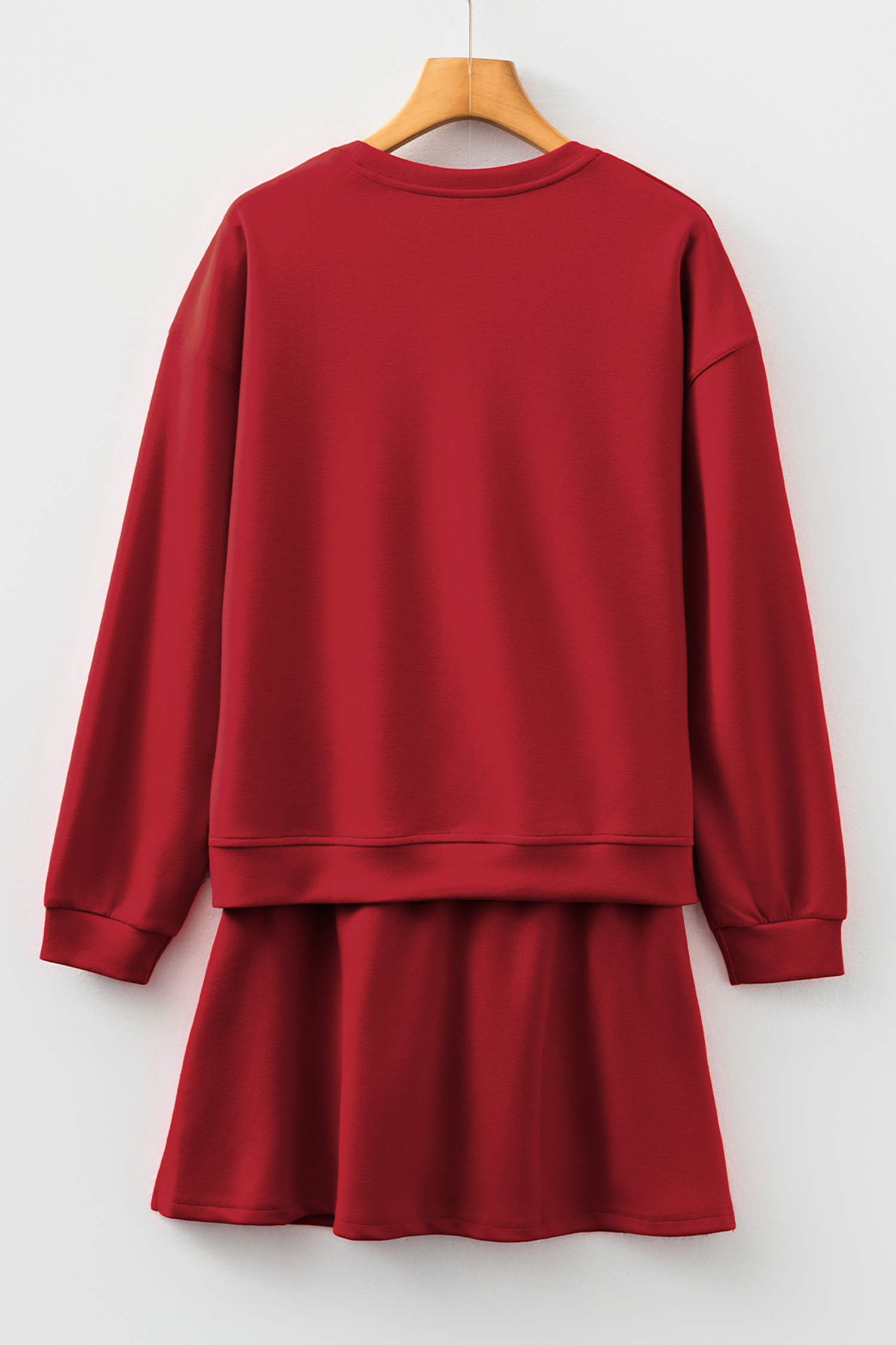 Racing Red Solid Color Drop Shoulder Pullover Drawstring Mini Skirt 2pcs Outfit - Image 6