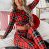 Red Festive Plaid Print Round Neck Long Sleeve and Pants 2 Piece Lounge Set