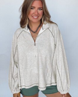 Light Grey Half Zip Stand Neck Seam Detail Long Sleeve Top