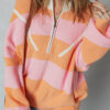 Orange Stripe Colorblock Half Zip Oversize Sweater