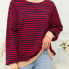 Rose Stripe Contrast Ribbed Trim Crossed Stitch Drop Shoulder Sweatshirt