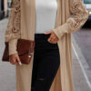 Parchment Lace Patchwork Ribbed Knit Open Front Duster Cardigan