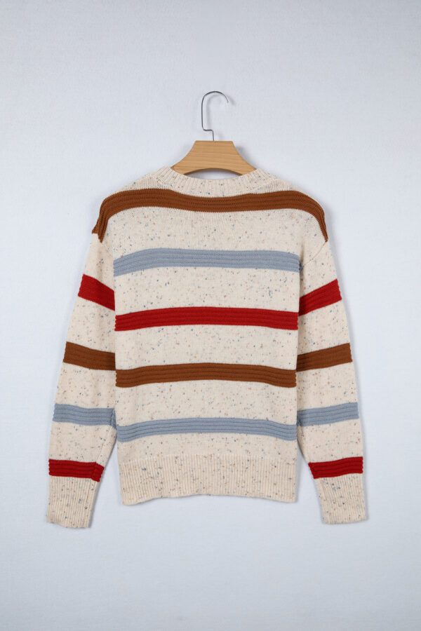 Beige Stripe Exposed Seam Drop Shoulder Heathered Knit Sweater