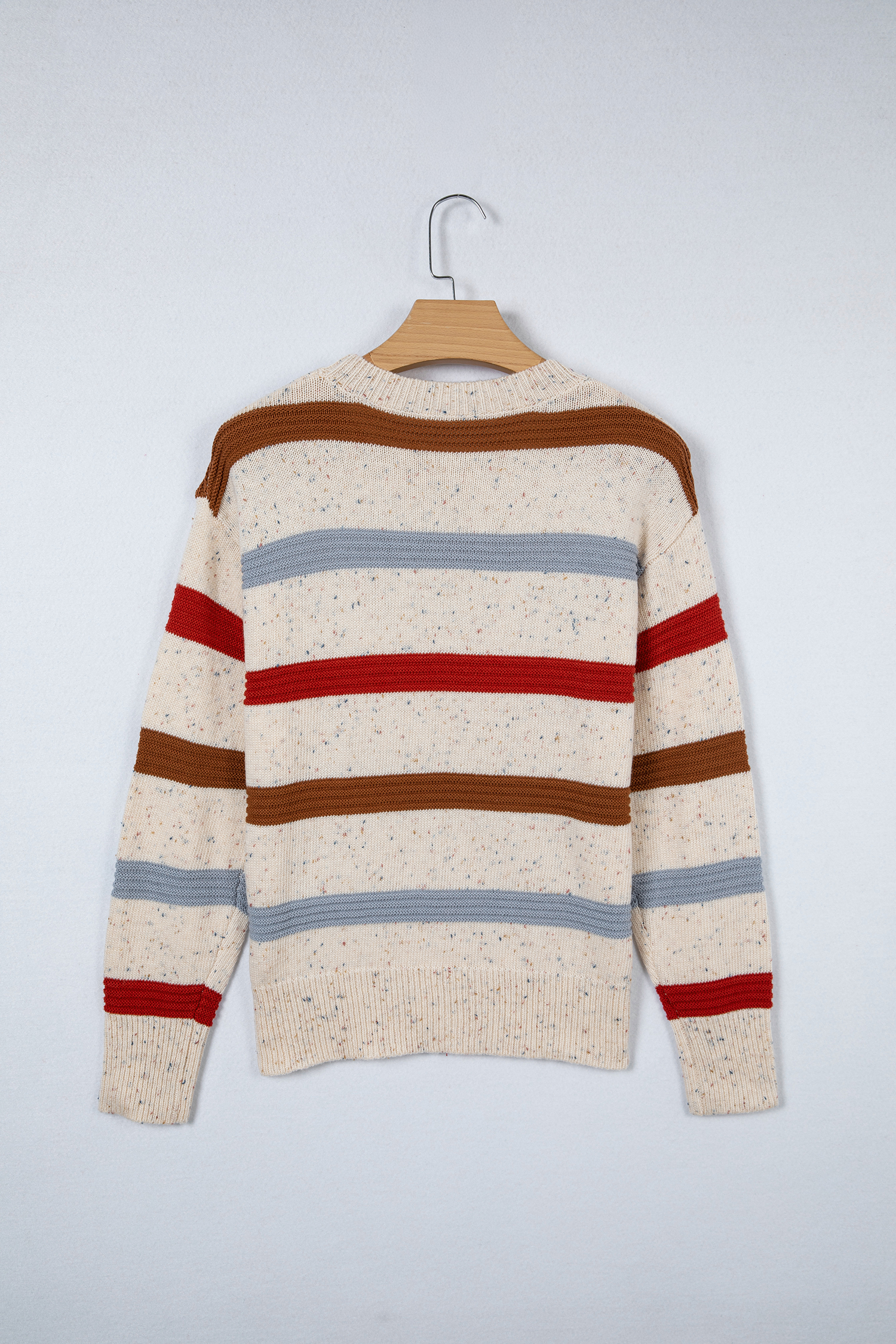 Beige Stripe Exposed Seam Drop Shoulder Heathered Knit Sweater - Image 5