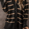 Black Stripe Buttoned V Neck Drop Shoulder Loose Cardigan
