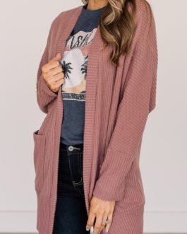 Mineral Red Solid Color Waffle Knit Cardigan with Pocket