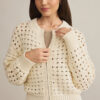 Beige Hollowed Pattern Knit Zip Up Drop Shoulder Sweater Cardigan
