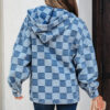 Sky Blue Checkerboard Zipped Neck Kangaroo Pocket Denim Hoodie