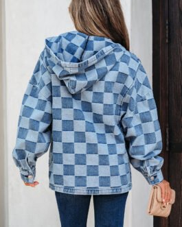 Sky Blue Checkerboard Zipped Neck Kangaroo Pocket Denim Hoodie