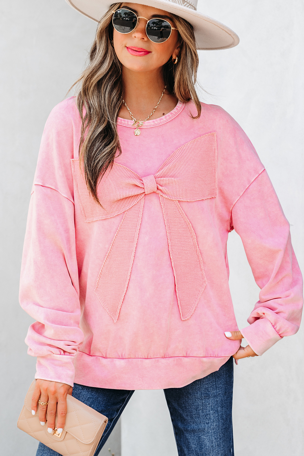 Orchid Bouquet Mineral Wash Big Bow Patchwork Pullover Sweatshirt - Image 4