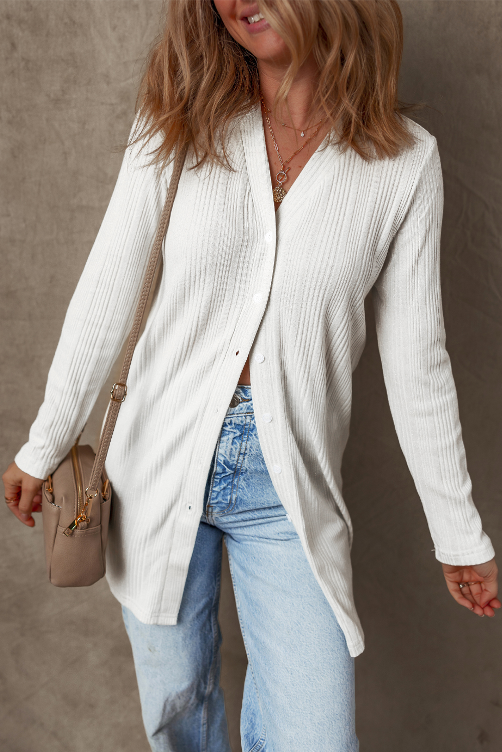 White Solid Color Ribbed Button up Tunic Cardigan - Image 6