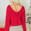 Fiery Red Festive Bow Backless Bubble Sleeve Sweater