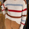 Beige Stripe Exposed Seam Drop Shoulder Heathered Knit Sweater