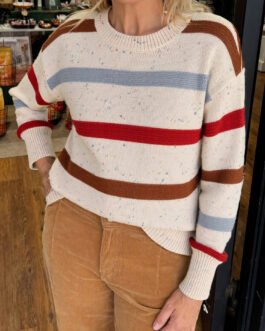 Beige Stripe Exposed Seam Drop Shoulder Heathered Knit Sweater