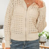 Beige Hollowed Pattern Knit Zip Up Drop Shoulder Sweater Cardigan