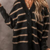 Black Stripe Buttoned V Neck Drop Shoulder Loose Cardigan