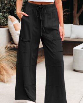 Black Mineral Wash Exposed Seam Drawstring Elastic Waistband Wide Leg Cargo Pants