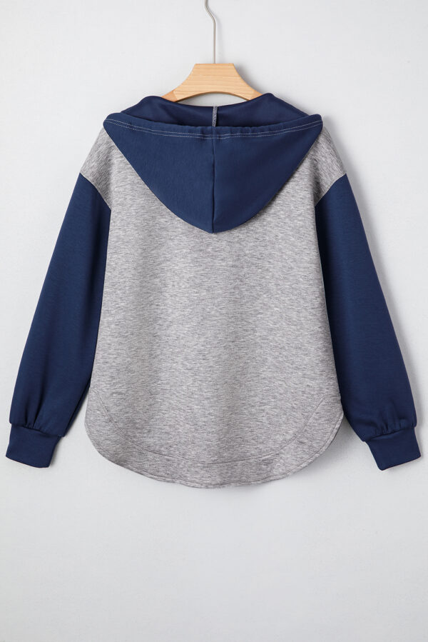 Light Grey Color Block Patchwork V Neck Drawstring Hoodie