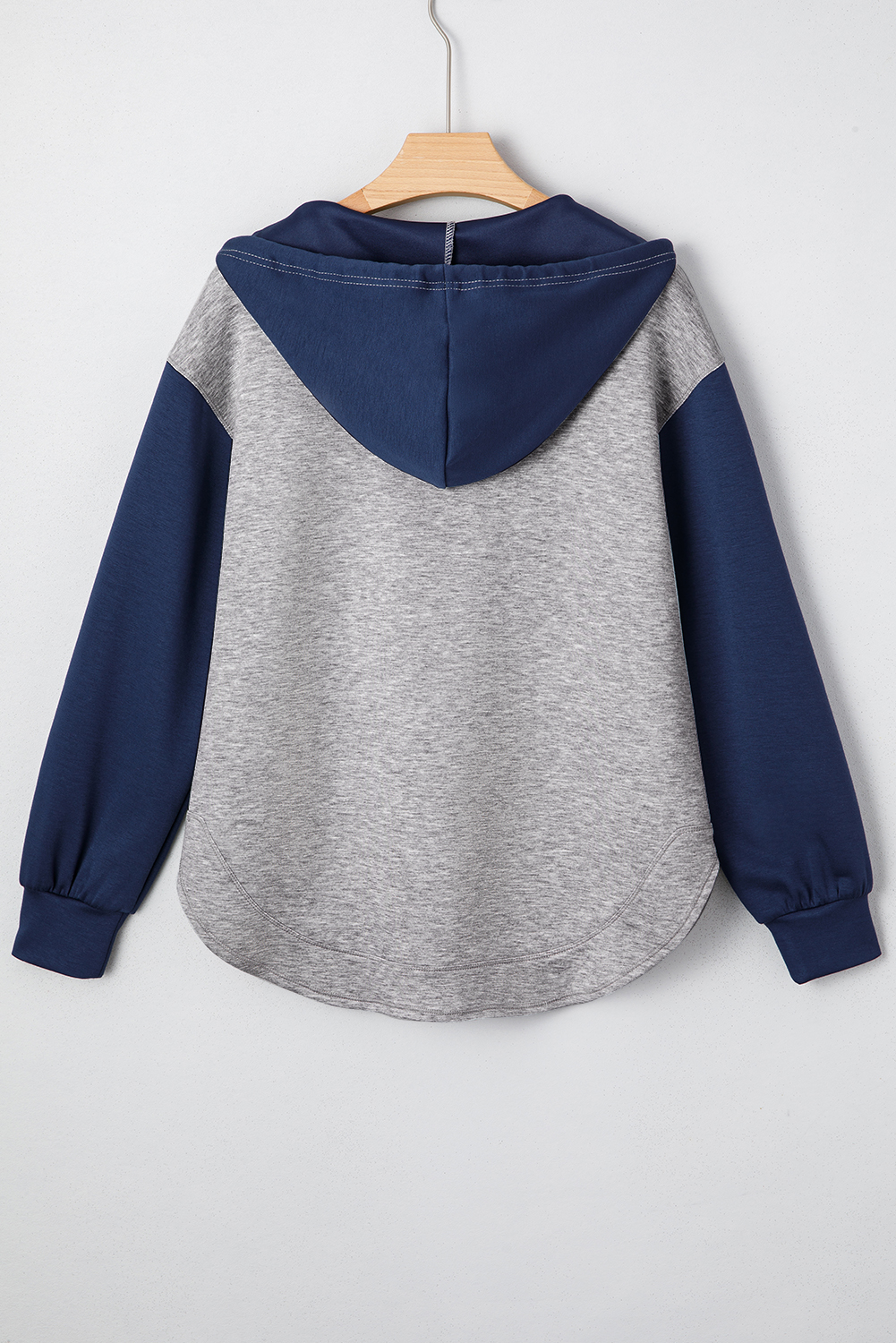 Light Grey Color Block Patchwork V Neck Drawstring Hoodie - Image 3