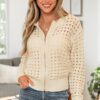 Beige Hollowed Pattern Knit Zip Up Drop Shoulder Sweater Cardigan