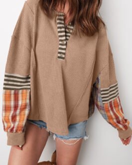 Straw Yellow Waffle Stripe Plaid Patchwork Henley Knit Top
