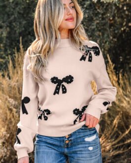 Smoke Gray Pearl Embellished Bow Pattern Loose Sweater