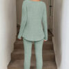 Grass Green Ribbed Notched Neck Knit Long Sleeve Leggings Two Pieces Lounge Set