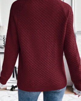 Burgundy Contrast Lace Frilled Trim Raglan Sleeve Sweater