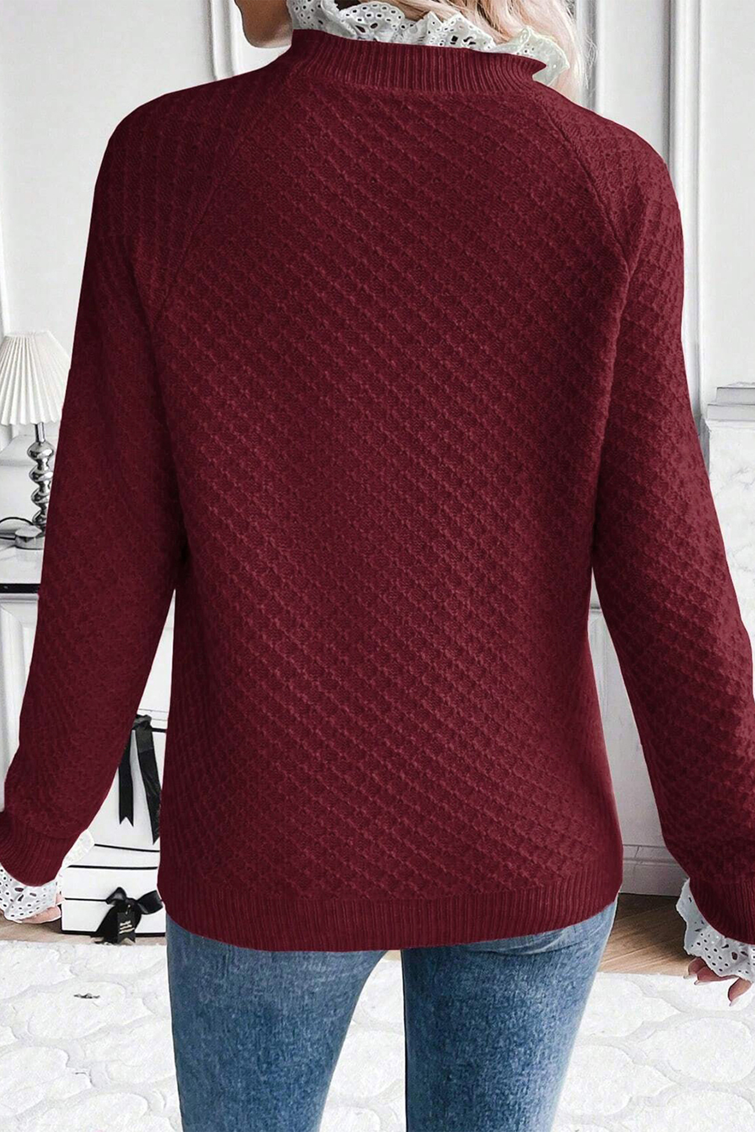 Burgundy Contrast Lace Frilled Trim Raglan Sleeve Sweater - Image 2