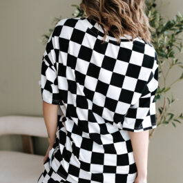 Black Checkerboard Print V Neck Loose Tee and Shorts Lounge Set