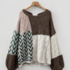 Brown Color Block Patchwork Knotted Back Loose Fit Sweater