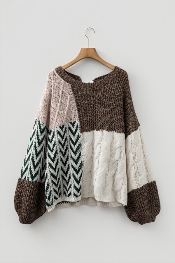 Brown Color Block Patchwork Knotted Back Loose Fit Sweater