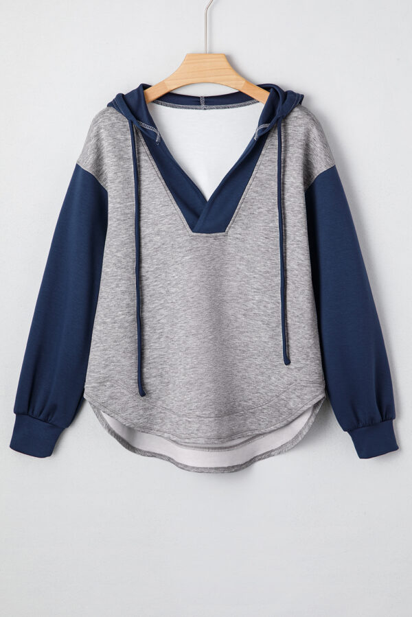 Light Grey Color Block Patchwork V Neck Drawstring Hoodie