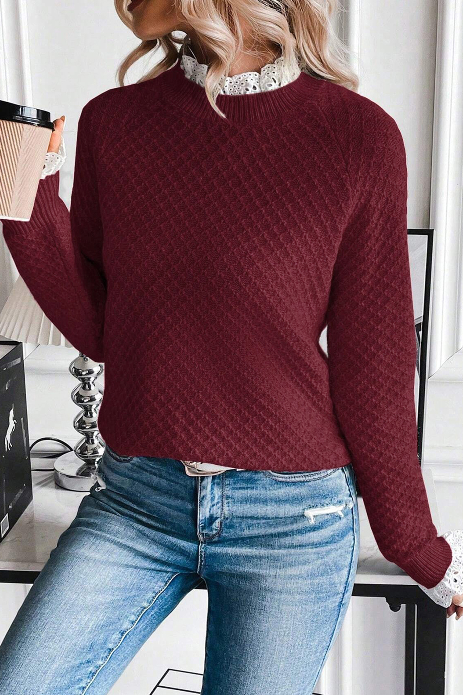 Burgundy Contrast Lace Frilled Trim Raglan Sleeve Sweater - Image 3