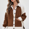 Brown Color Block Patchwork Button Down Fleece Shacket