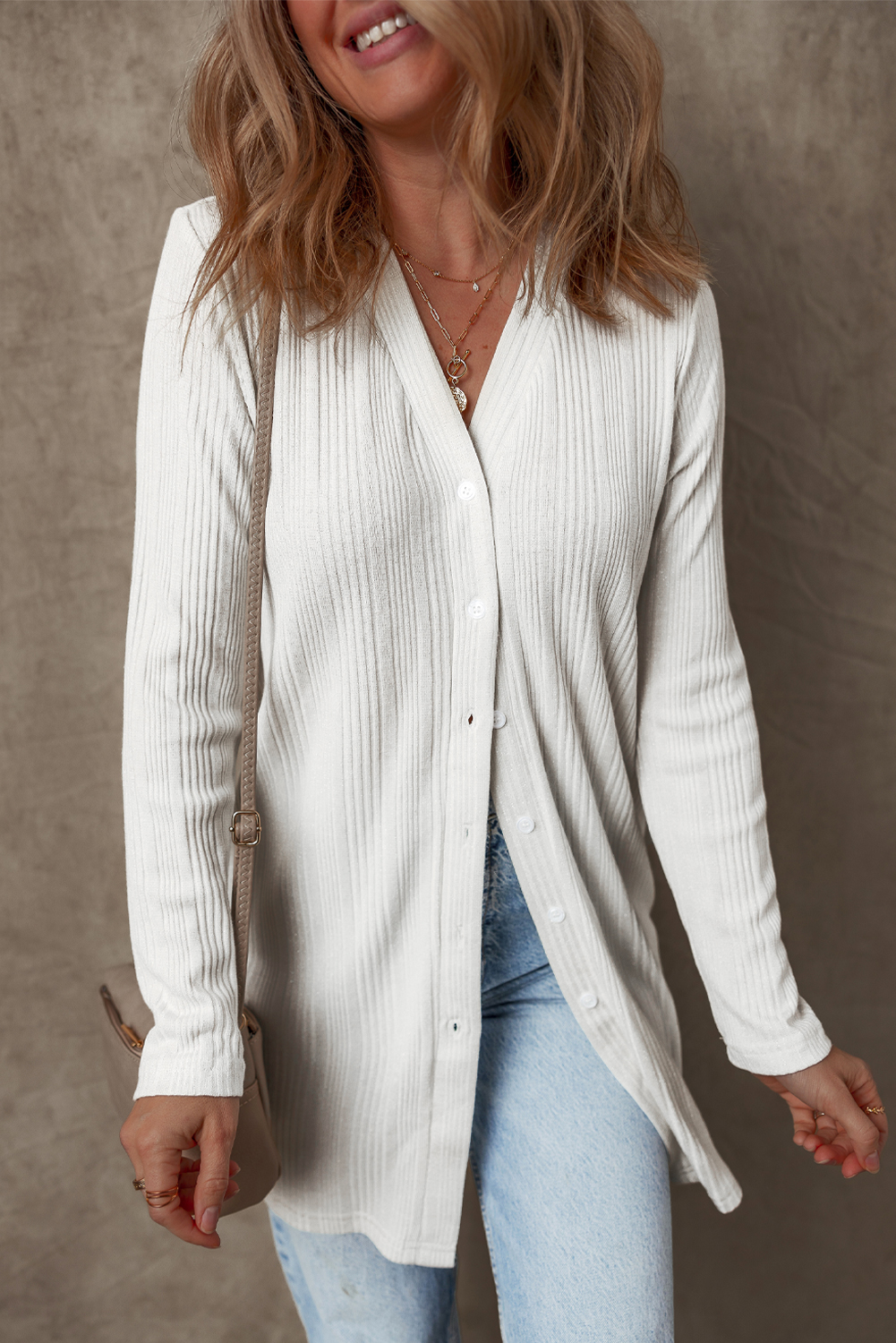 White Solid Color Ribbed Button up Tunic Cardigan - Image 5