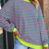 Rose Stripe Contrast Ribbed Trim Crossed Stitch Drop Shoulder Sweatshirt