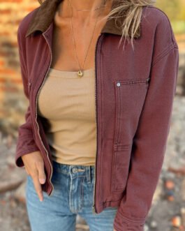 Coffee Corduroy Collar Zipped Front Denim Jacket