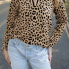 Parchment Leopard Polo Collar V Neck Pullover Top