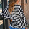 Rose Stripe Contrast Ribbed Trim Crossed Stitch Drop Shoulder Sweatshirt