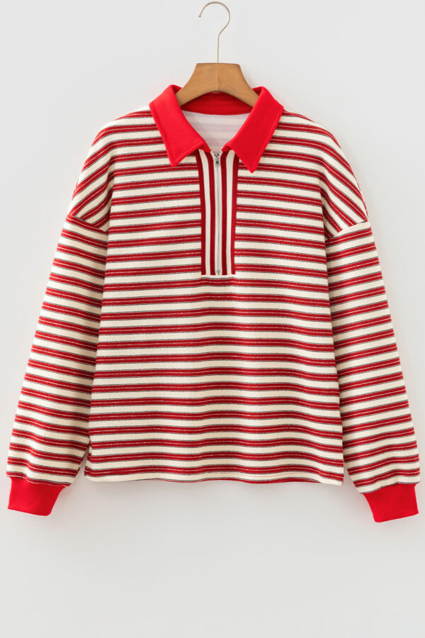 Dark Green Striped Print Contrast Collar Zip V Neck Long Sleeve Top