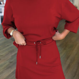 Racing Red Solid Color Drop Shoulder Pullover Drawstring Mini Skirt 2pcs Outfit