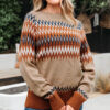 Khaki Aztec Print Colorblock Crew Neck Sweater