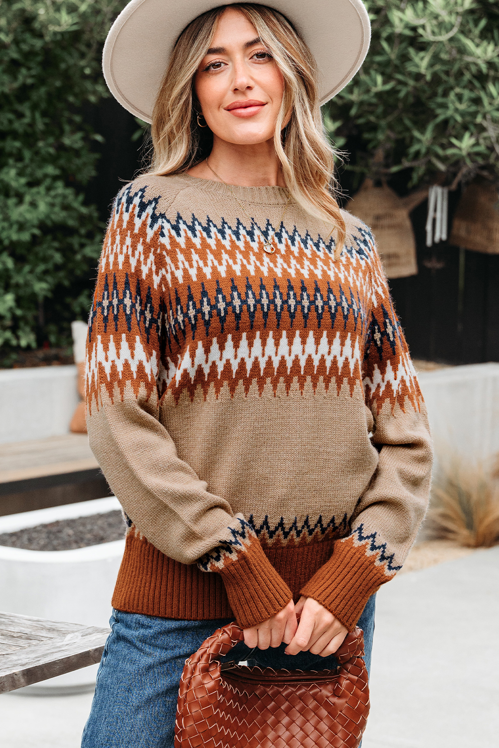 Khaki Aztec Print Colorblock Crew Neck Sweater - Image 4