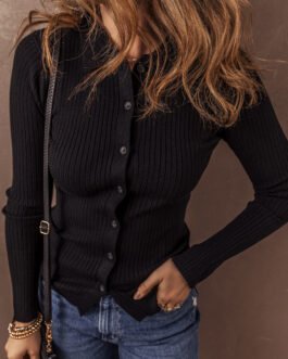Black Ribbed Knit Collared Slim Fit Sweater Cardigan