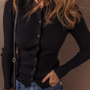 Black Ribbed Knit Collared Slim Fit Sweater Cardigan