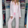 Sky Blue Bow Print Long Sleeve Shirt and Pants Soft Pajama Set
